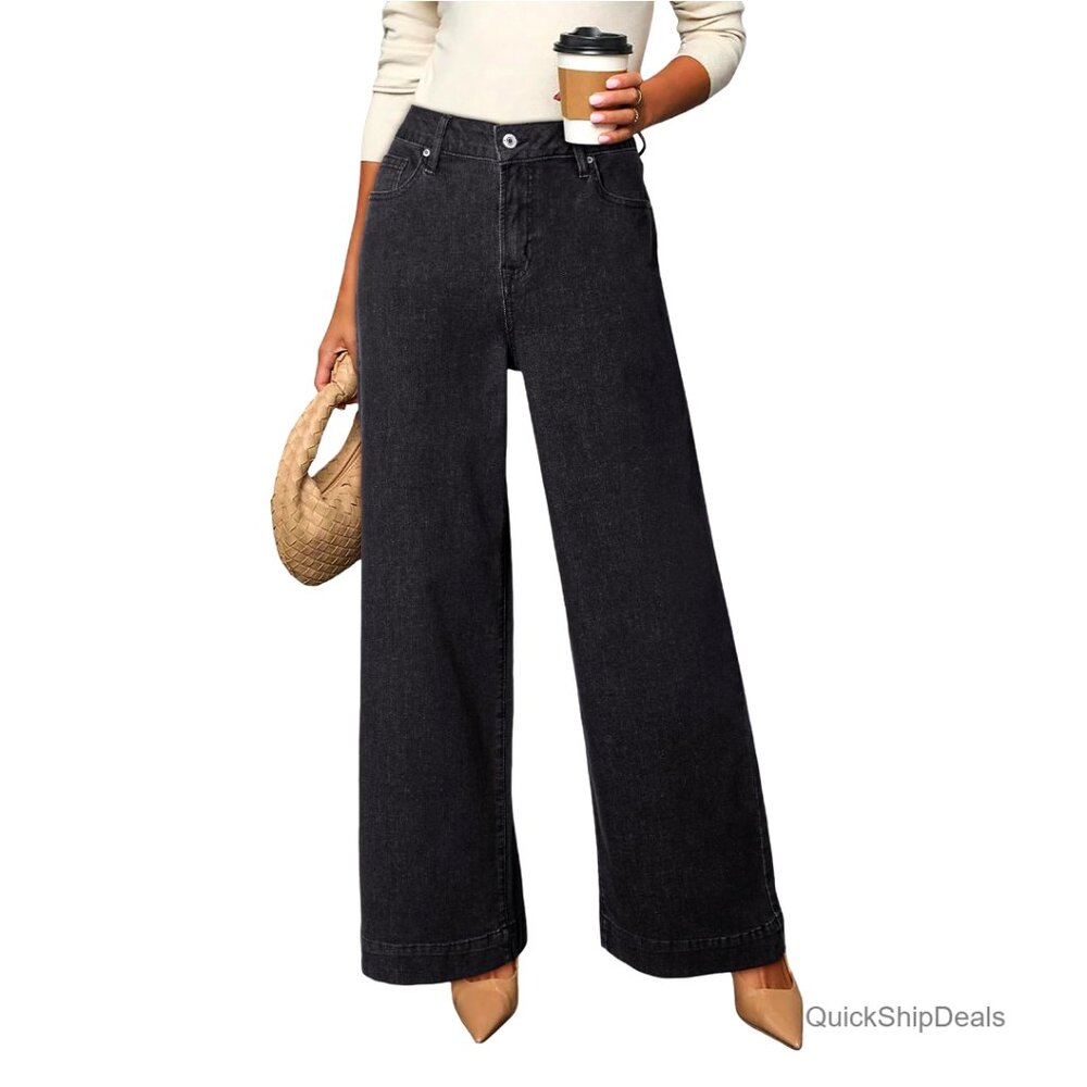 High Waisted Wide Leg Jeans Stretch Denim Pants with Pockets Casual Wear